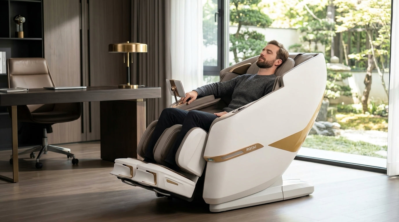 Man relaxing in a modern massage chair in a stylish room with large windows.