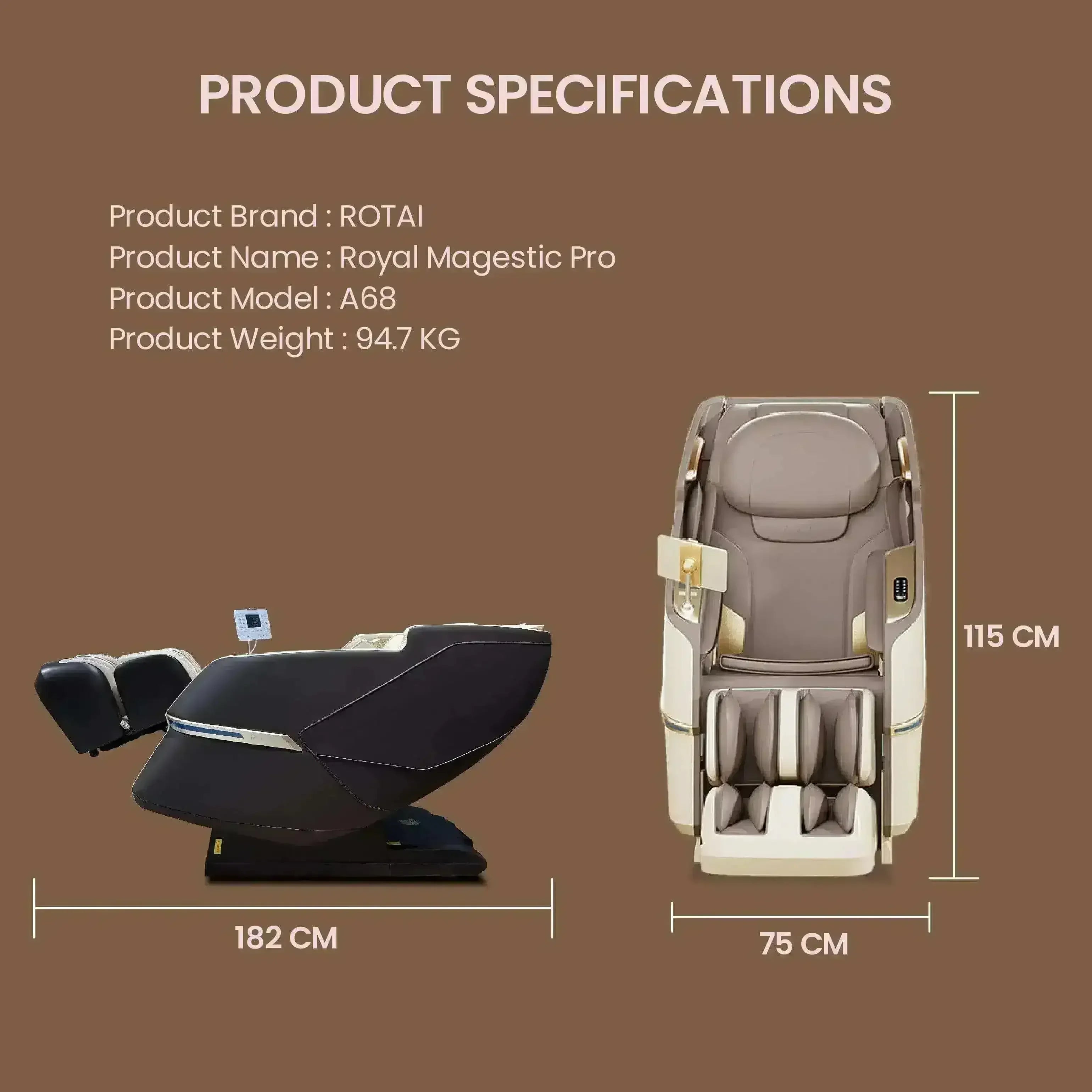 Royal Magestic Pro Massage Chair Brown (Pre-owned) - Rotai Health - Best Massage Chair in Dubai UAE - Shop massage chairs in UAE, Saudi Arabia -Therapy Massage Chairs - Back, Neck, & Leg Pain Relief