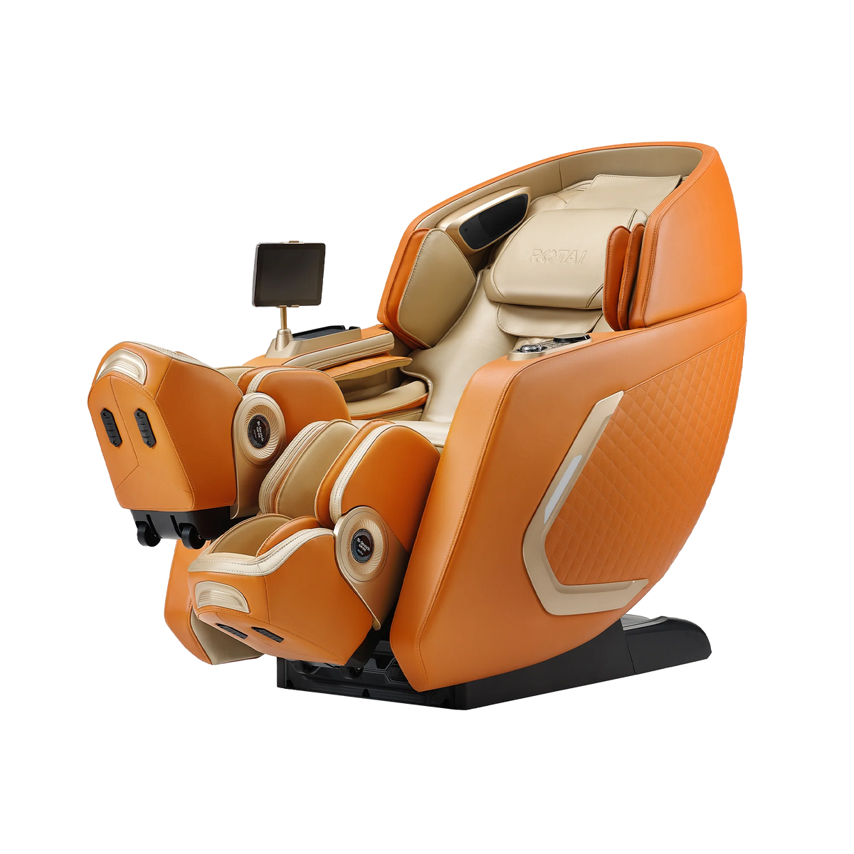 An orange and beige modern massage chair with a small integrated screen, shown on a plain white background.