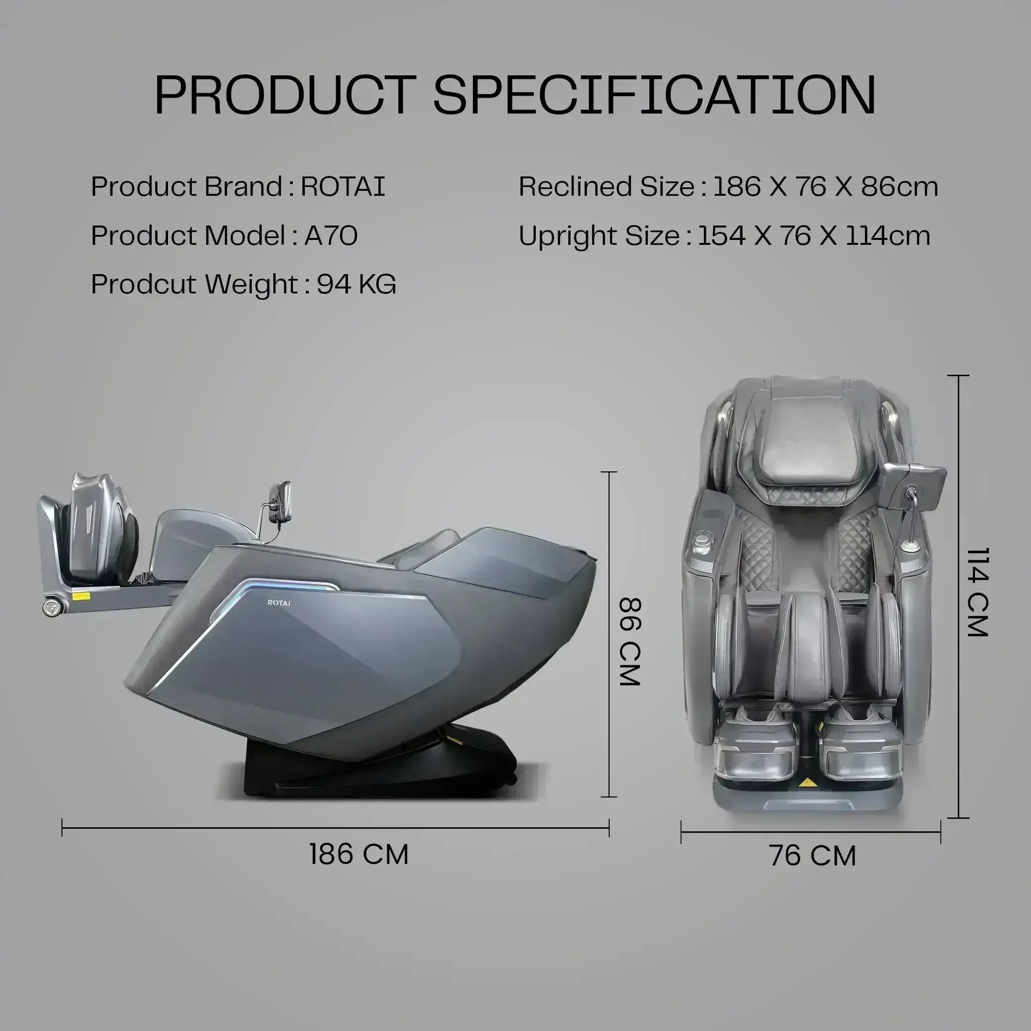 Vanquish Massage Chair (Grey) - Rotai - Best Massage Chair in Dubai UAE - Shop massage chairs in UAE, Saudi Arabia -Therapy Massage Chairs - Back, Neck, & Leg Pain Relief