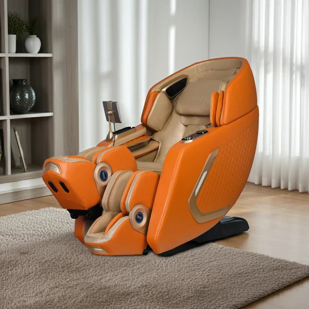 Orange massage chair in a room with curtains and shelves.