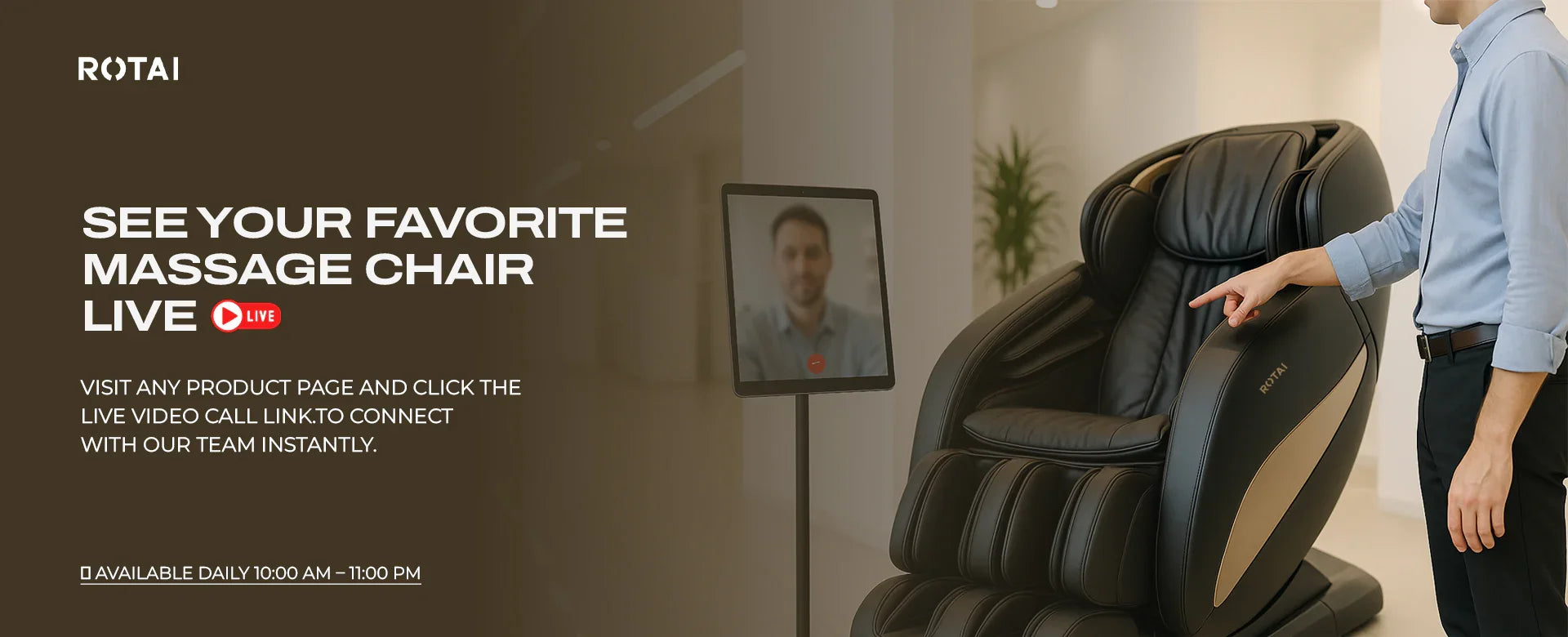 Man demonstrating ROTAI massage chair with live video call screen in modern showroom
