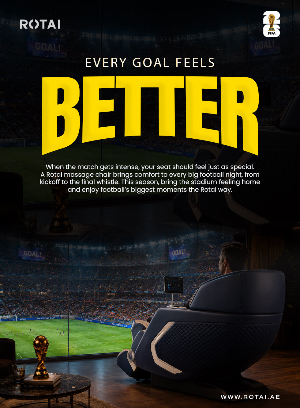 Person watching a football match in a Rotai massage chair with promotional text.