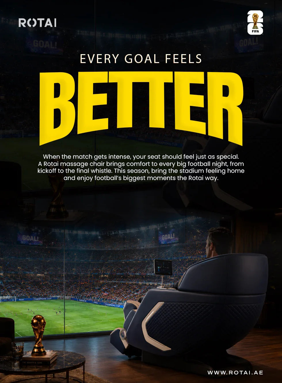 Relax in a luxury massage chair while watching football in a stadium-like setting