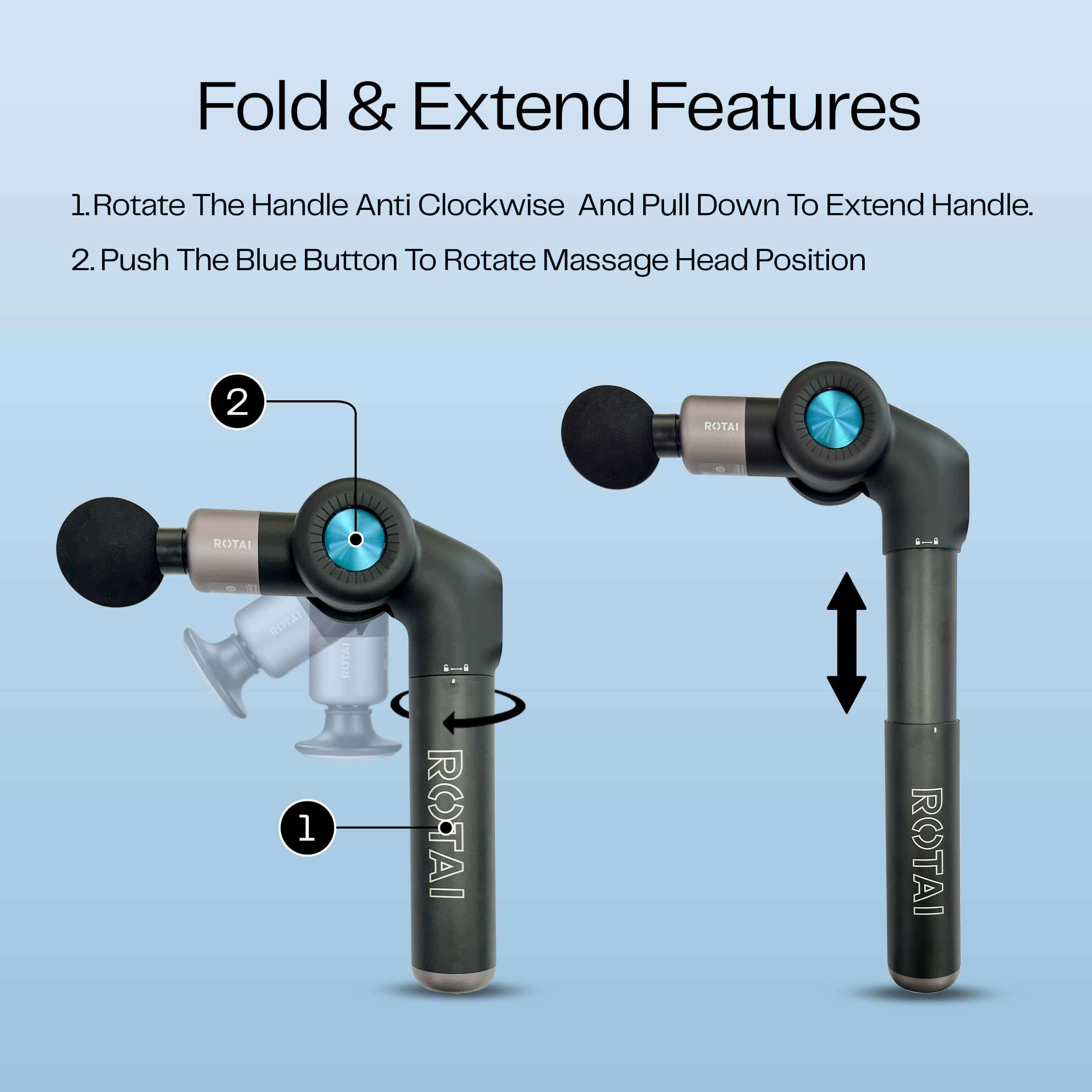 Muscle Therapy Foldable Massage Gun by Rotai showing handle rotation and massage head position adjustment features.