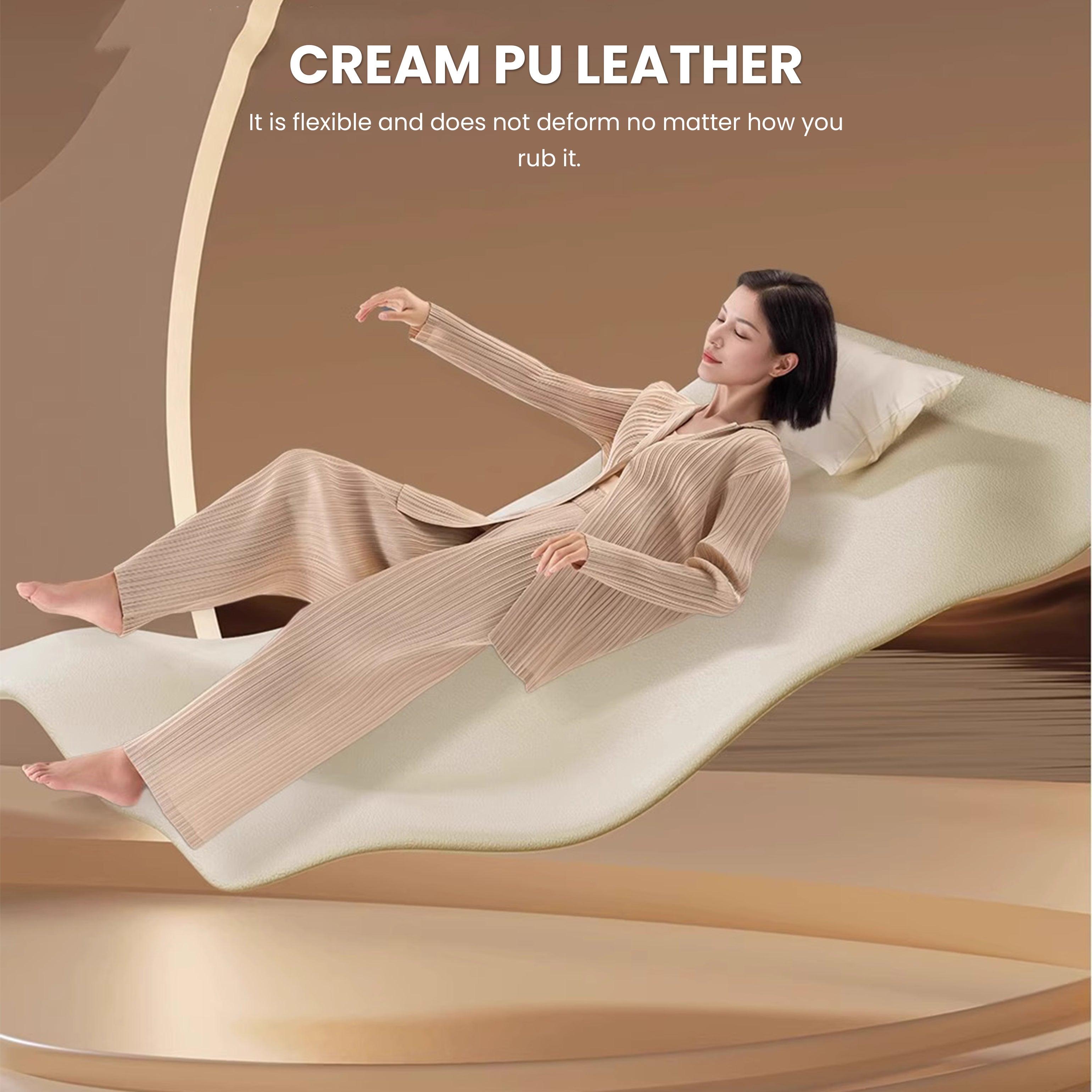 Woman relaxing on cream PU leather surface showing its flexibility and non-deforming quality