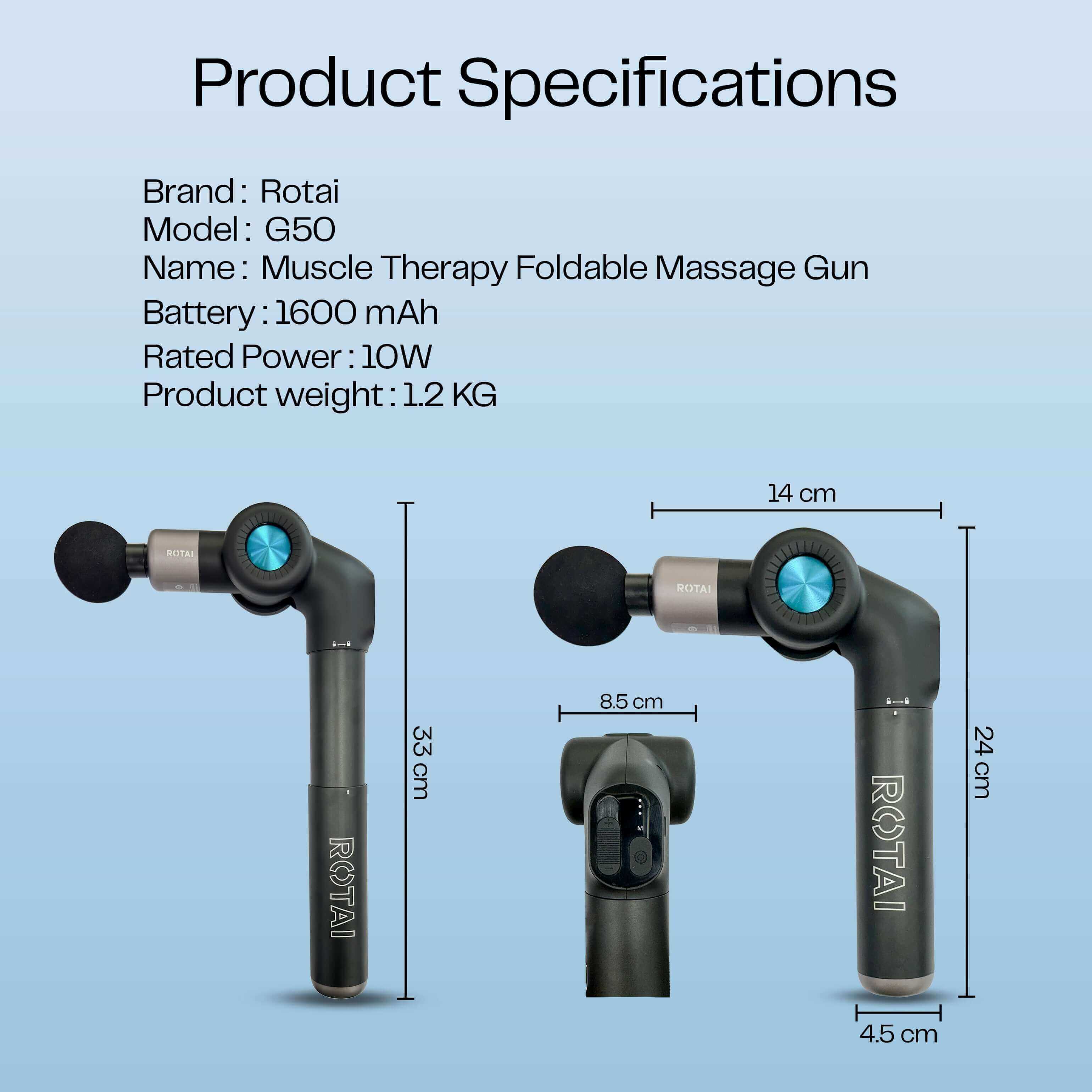 Muscle Therapy Foldable Massage Gun by Rotai with specifications and measurements in a blue background.