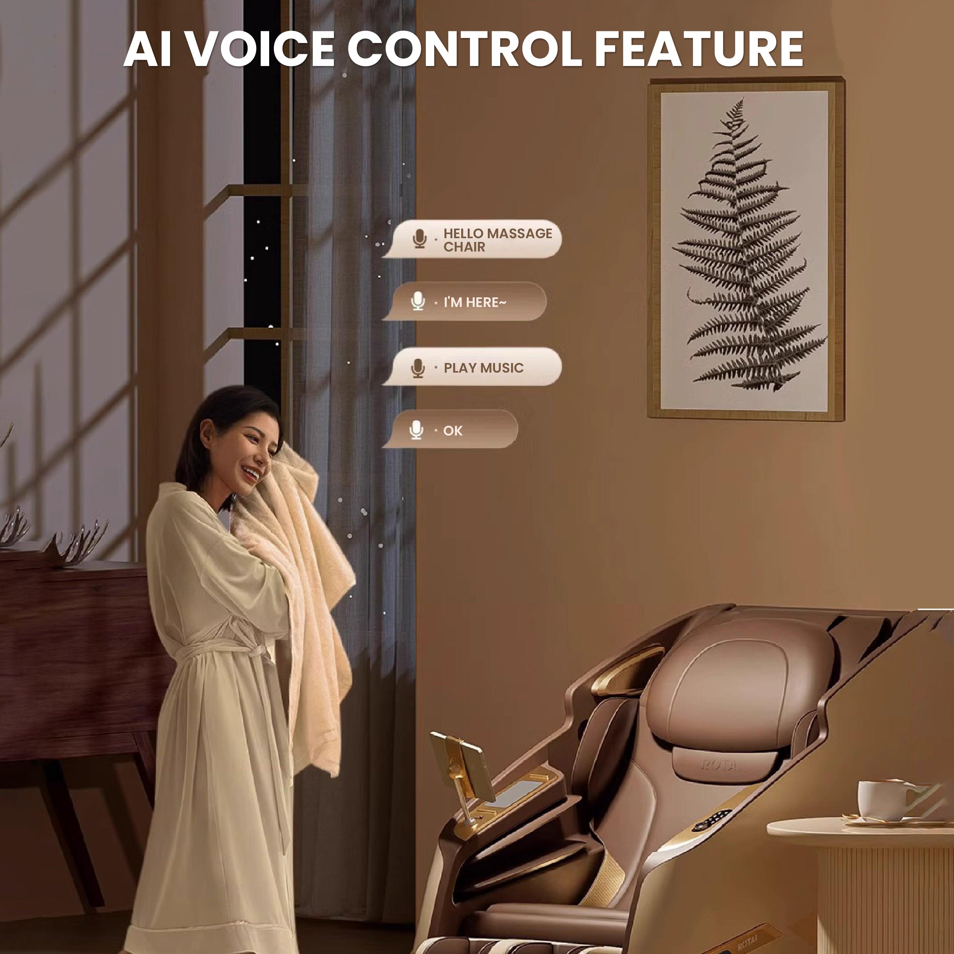 Woman using Royal Magestic Pro Massage Chair with AI Voice Control feature in a relaxing home environment. Best massage chair UAE.