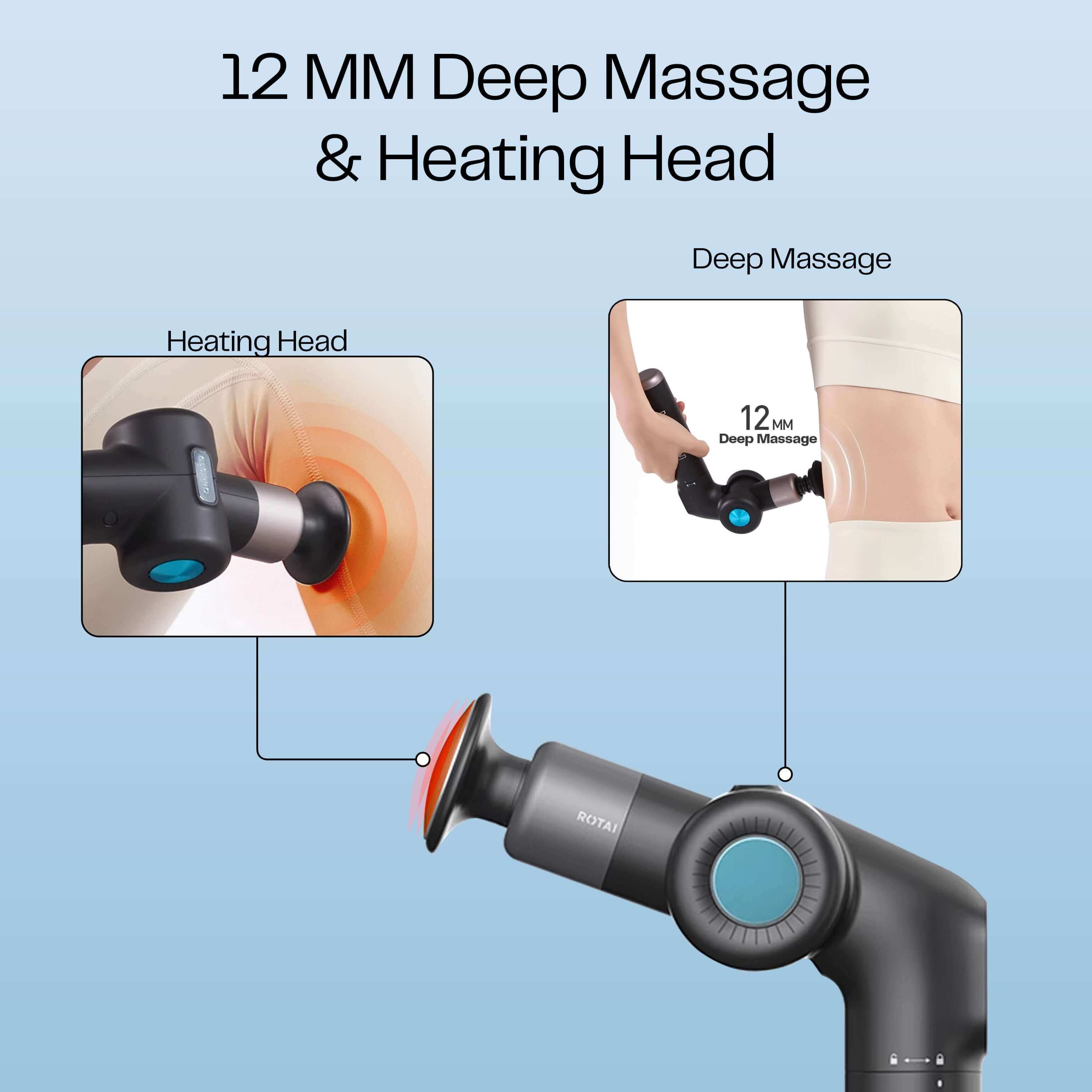 Muscle Therapy Foldable Massage Gun showcasing 12MM deep massage and heating head for muscle relief.