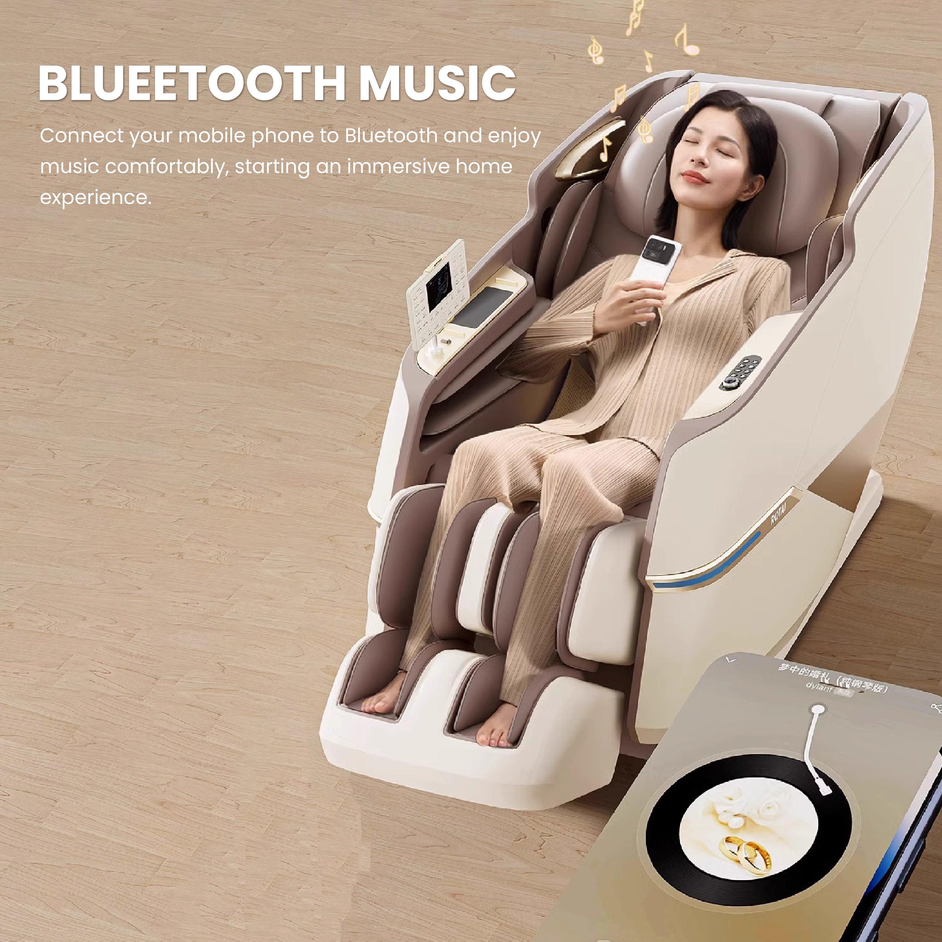 Woman enjoying music in Royal Magestic Pro Massage Chair with Bluetooth feature in a relaxed home setting. Best massage chair UAE.
