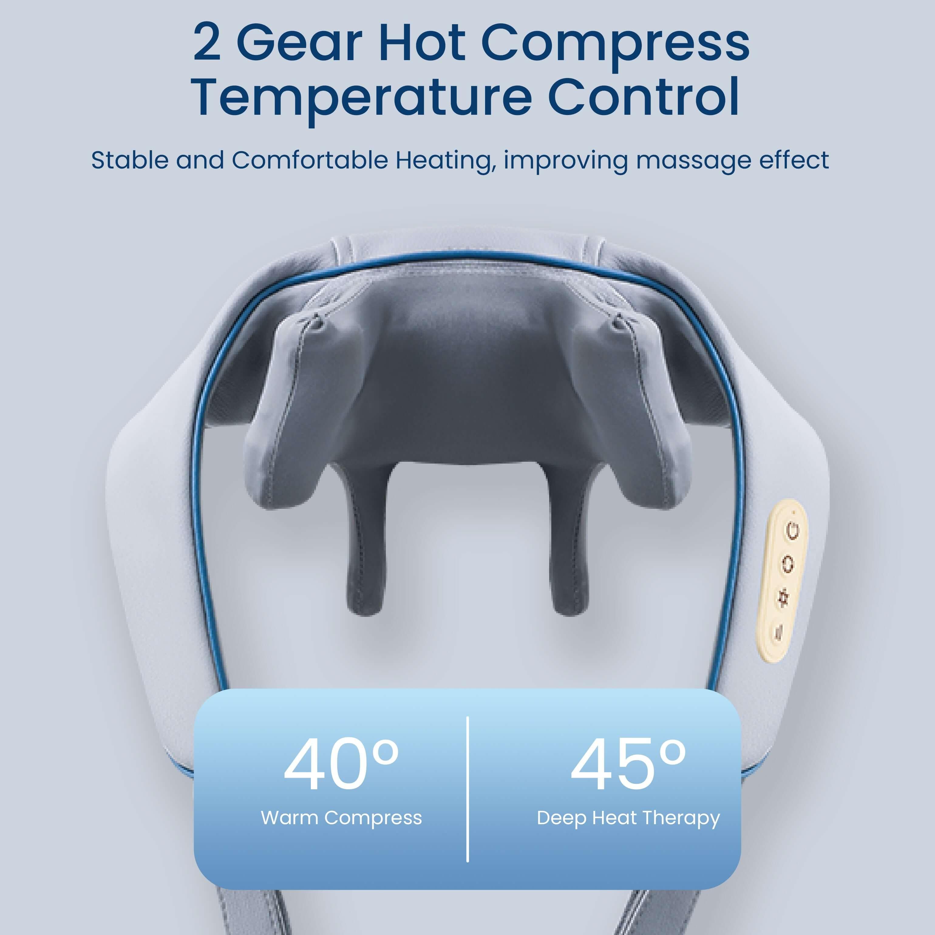 Trapezius massager with 2 gear hot compress temperature control, featuring 40° warm compress and 45° deep heat therapy for improved massage effect