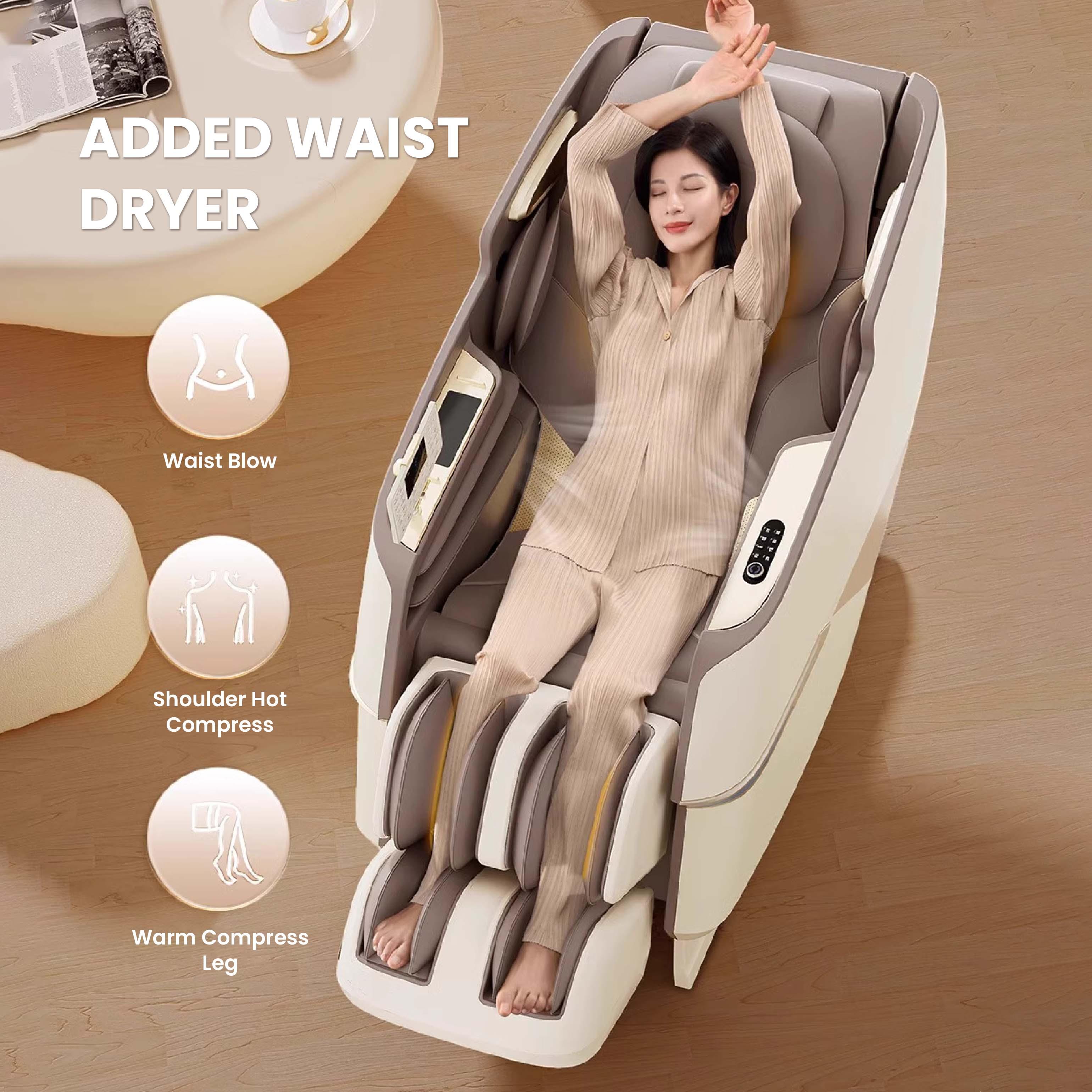Woman relaxing on Royal Majestic Pro Massage Chair with added waist dryer, shoulder hot compress, and warm leg compress features