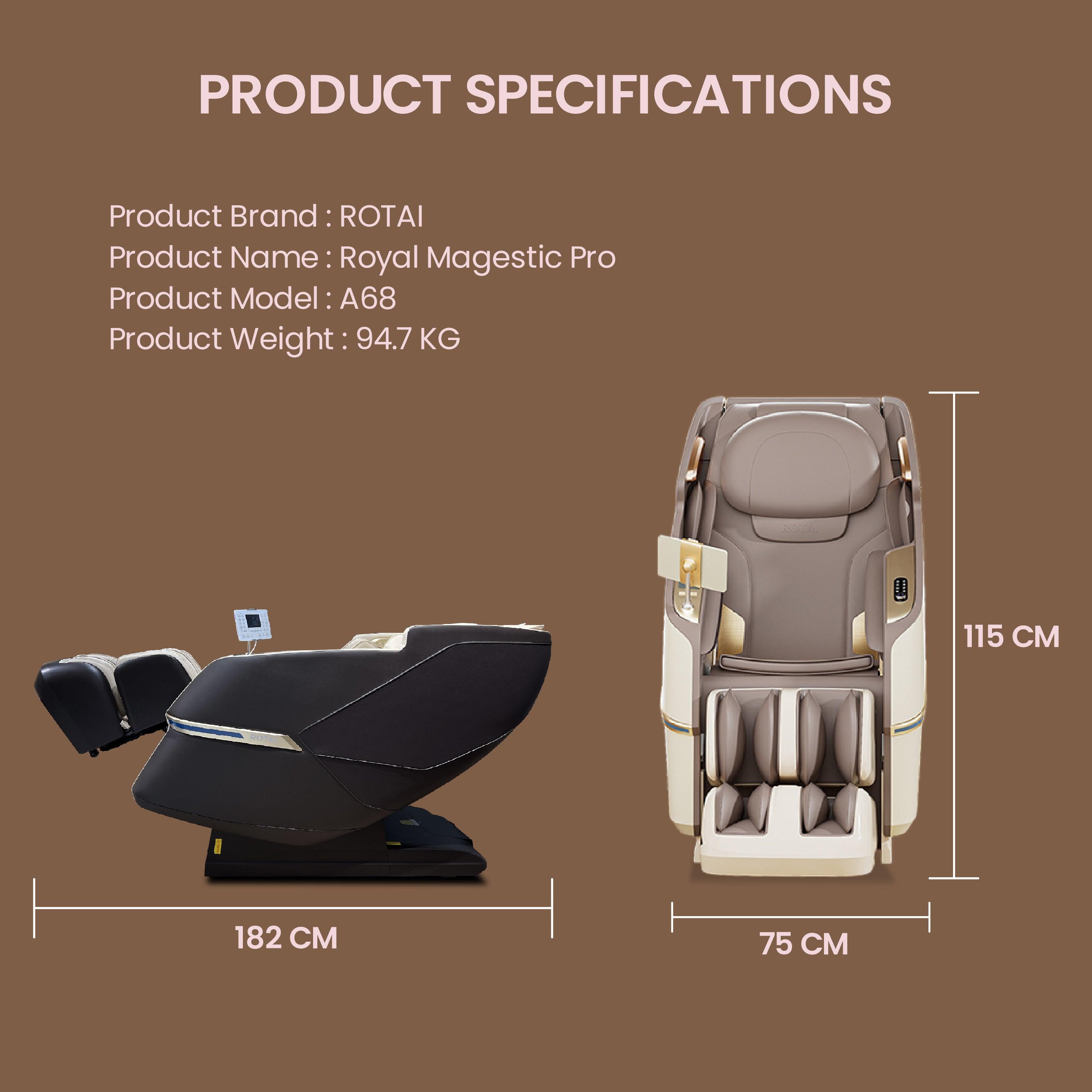Royal Magestic Pro Massage Chair dimensions and specifications including product brand, model, weight, and size.