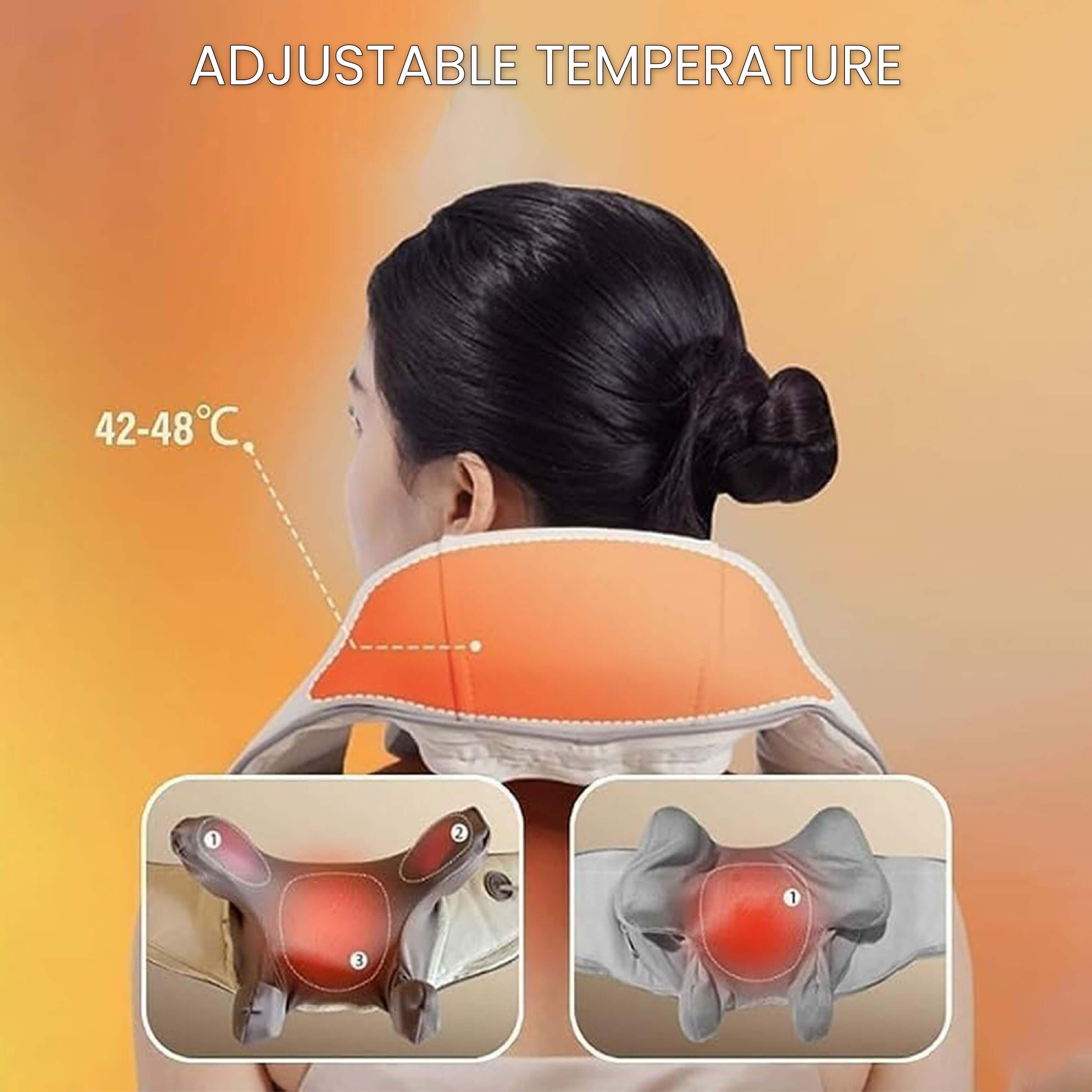 Woman using trapezius massager with adjustable temperature for neck and shoulder relief, best massage chair in UAE, massage chair Dubai, كرسي مساج كهربائي