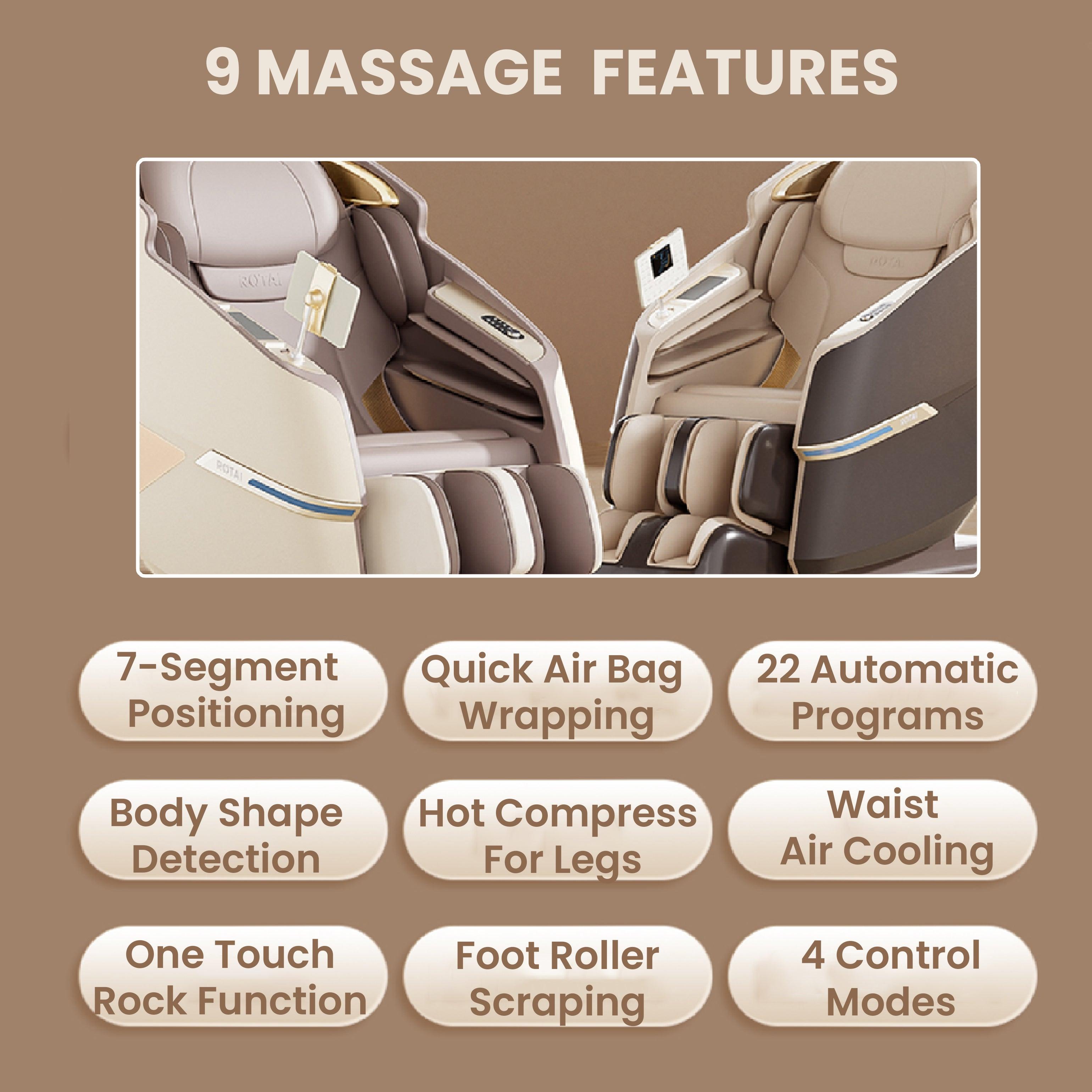 9 massage features of Royal Magestic Pro Massage Chair including 7-segment positioning, quick air bag wrapping, hot compress for legs, and more