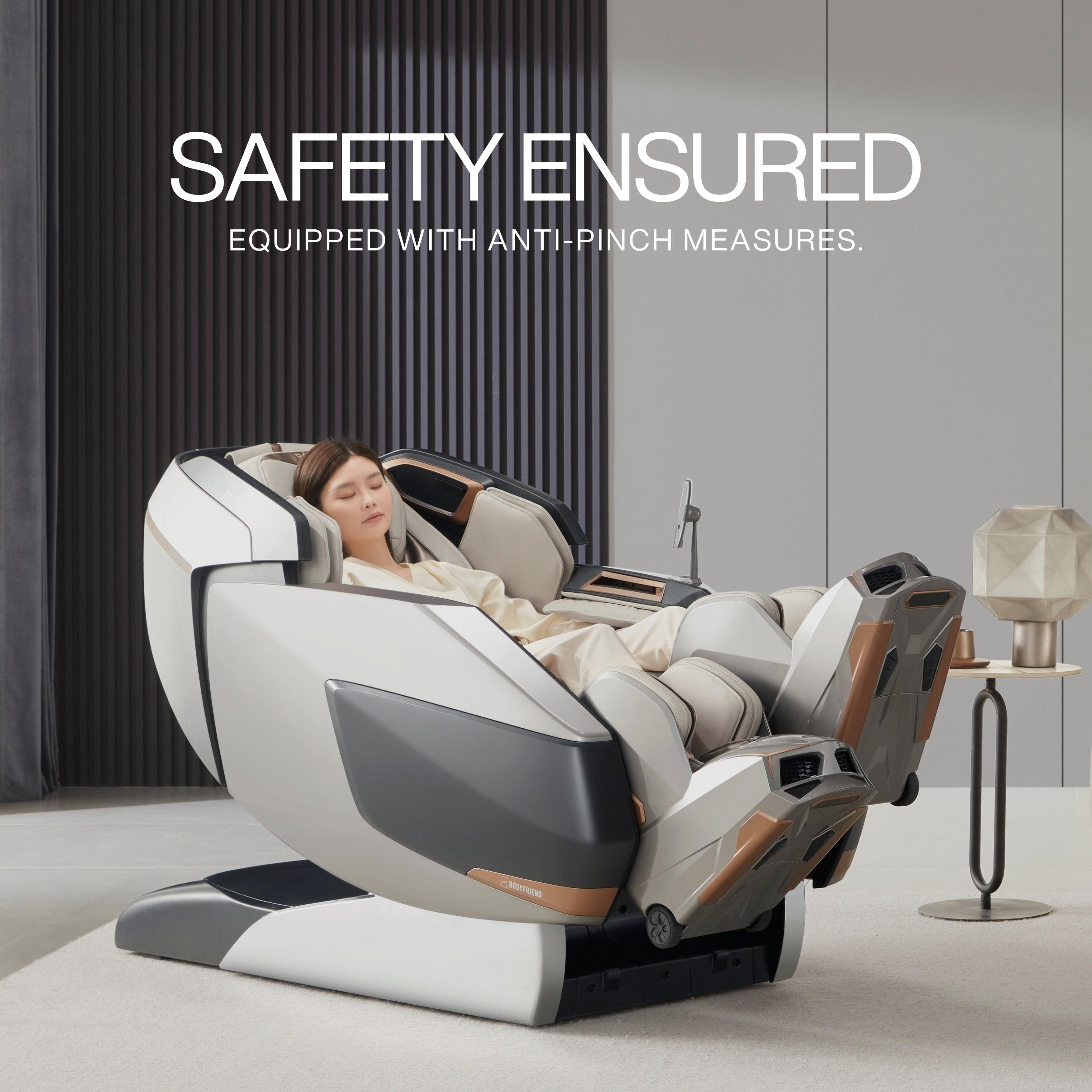 AI robotic massage chair in glacier silver providing a relaxing massage, equipped with anti-pinch safety measures, best massage chair uae, massage chair Dubai, massage chair uae, massage chair Saudi Arabia, كرسي التدليك, Best massage chair in Dubai UAE, b