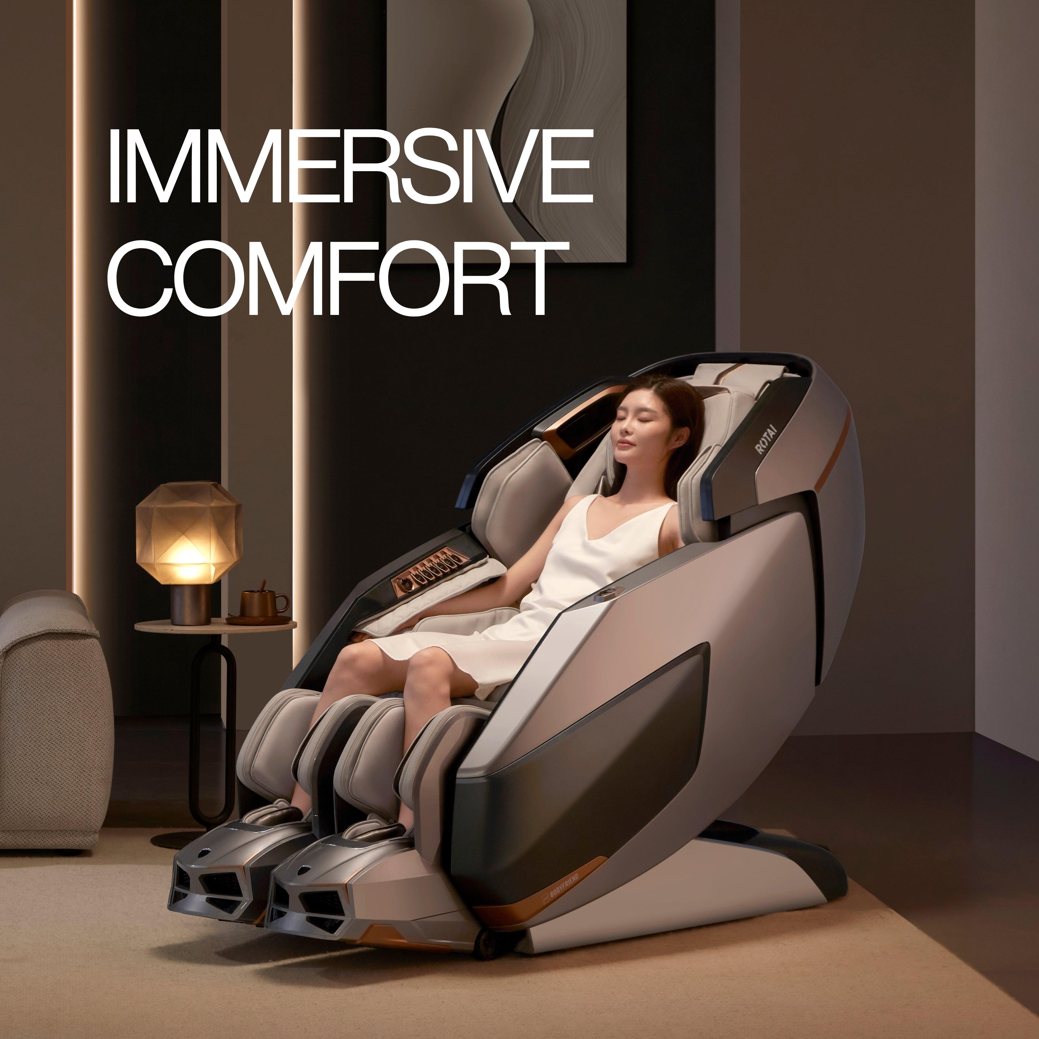 Woman enjoying immersive comfort in AI Robotic Massage Chair (Glacier Silver) with Rovo-Walking Technology. Best massage chair UAE. best massage chair uae, massage chair Dubai, massage chair uae, massage chair Saudi Arabia, كرسي التدليك, Best massage chai