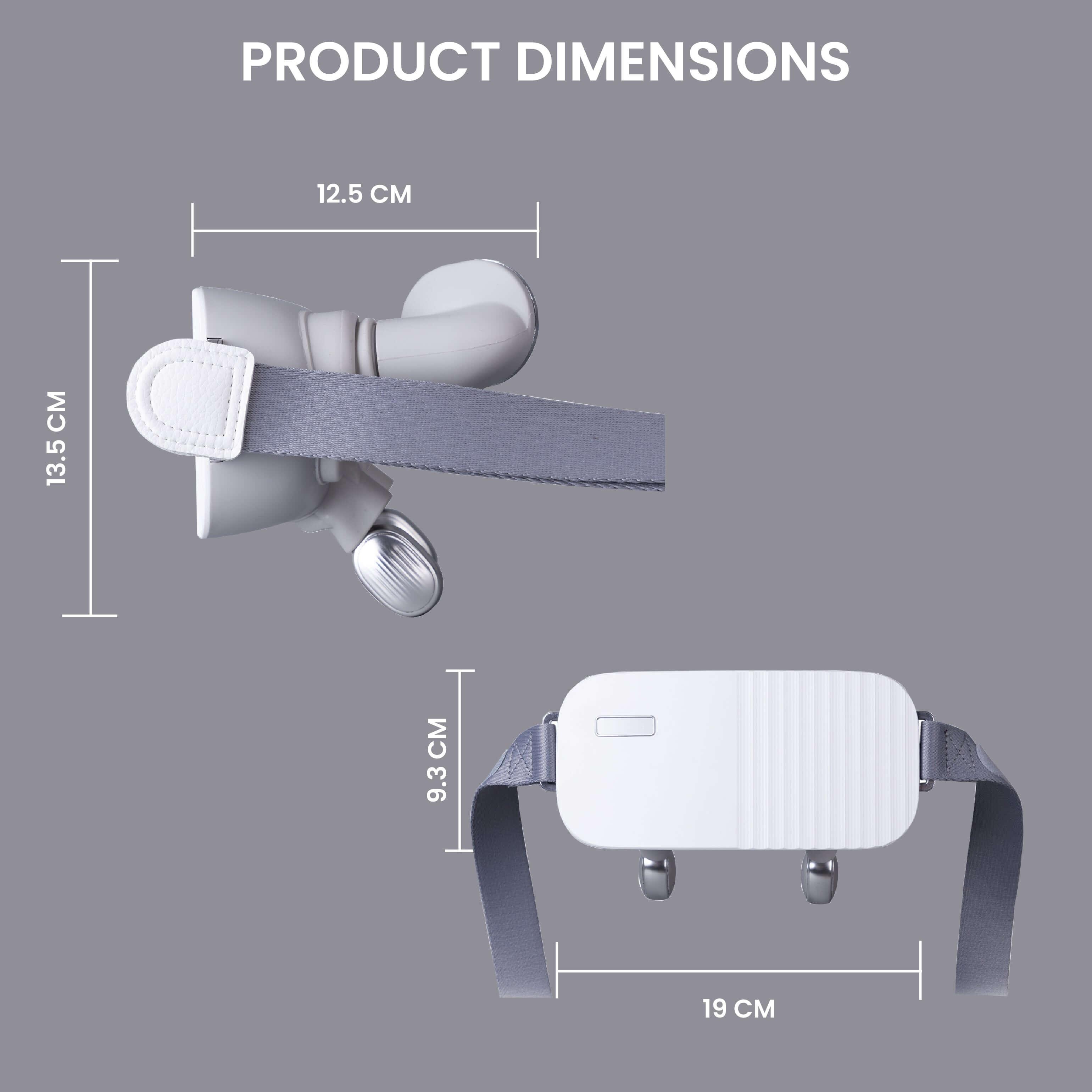 Product dimensions of a neck and shoulder massager with adjustable straps, showcasing width, length, and height measurements