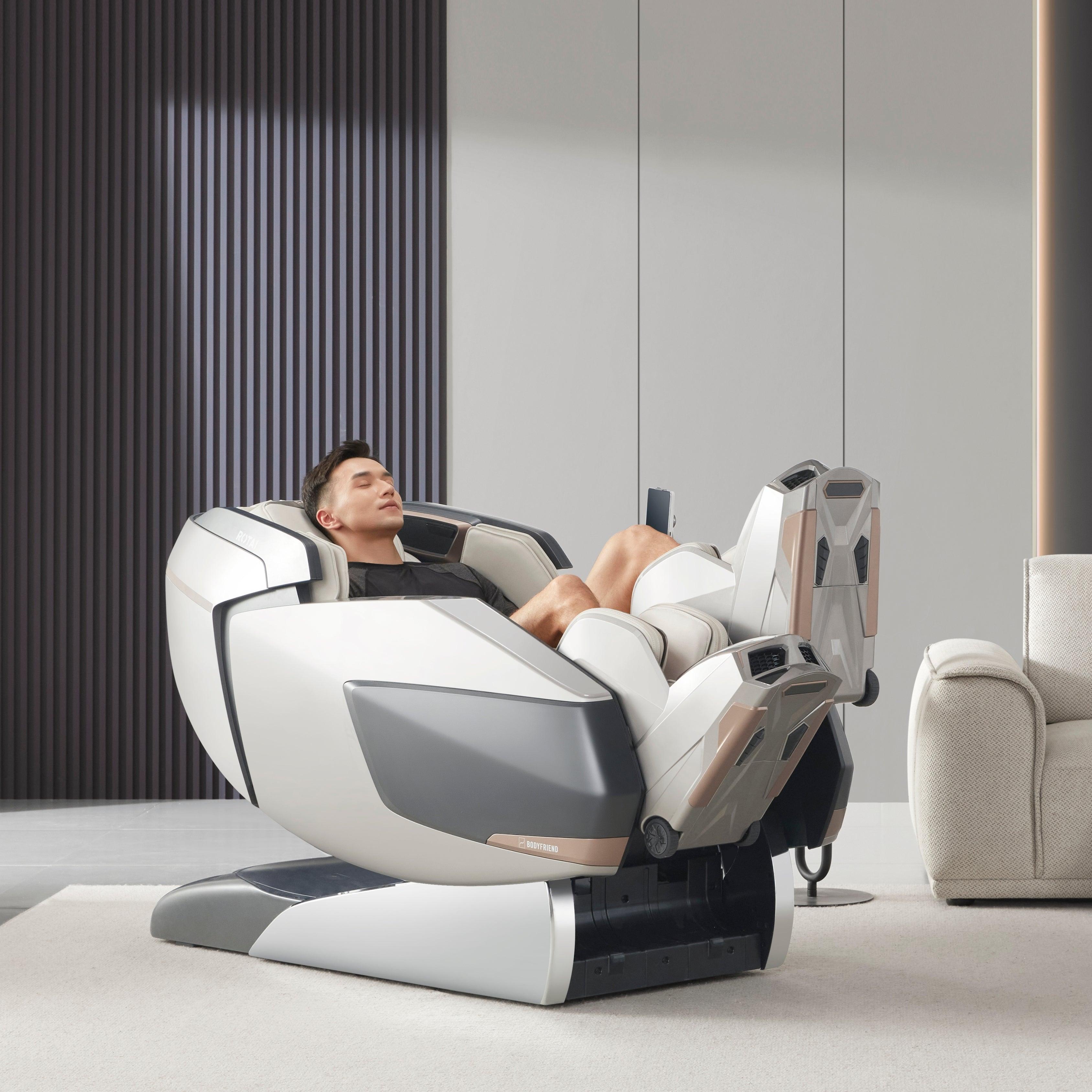 AI Robotic Massage Chair in Glacier Silver with Rovo Walking Technology, best massage chair in UAE, Dubai, enhancing lower body flexibility and circulation, best massage chair uae, massage chair Dubai, massage chair uae, massage chair Saudi Arabia, كرسي ا