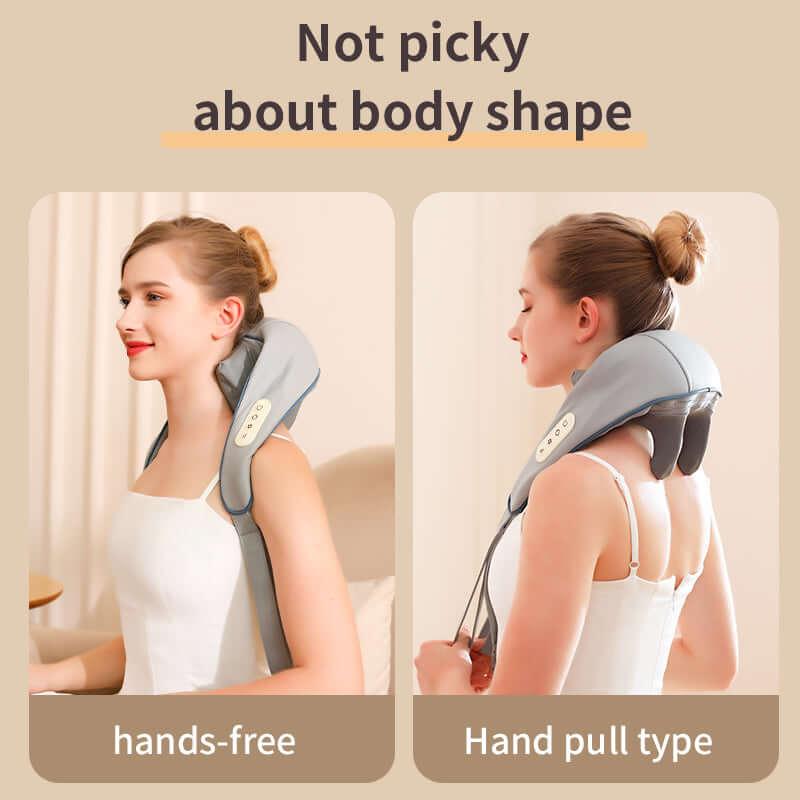 Woman using trapezius massager for neck and shoulder with hands-free and hand-pull options, best massage chair UAE, كرسي مساج كهربائي