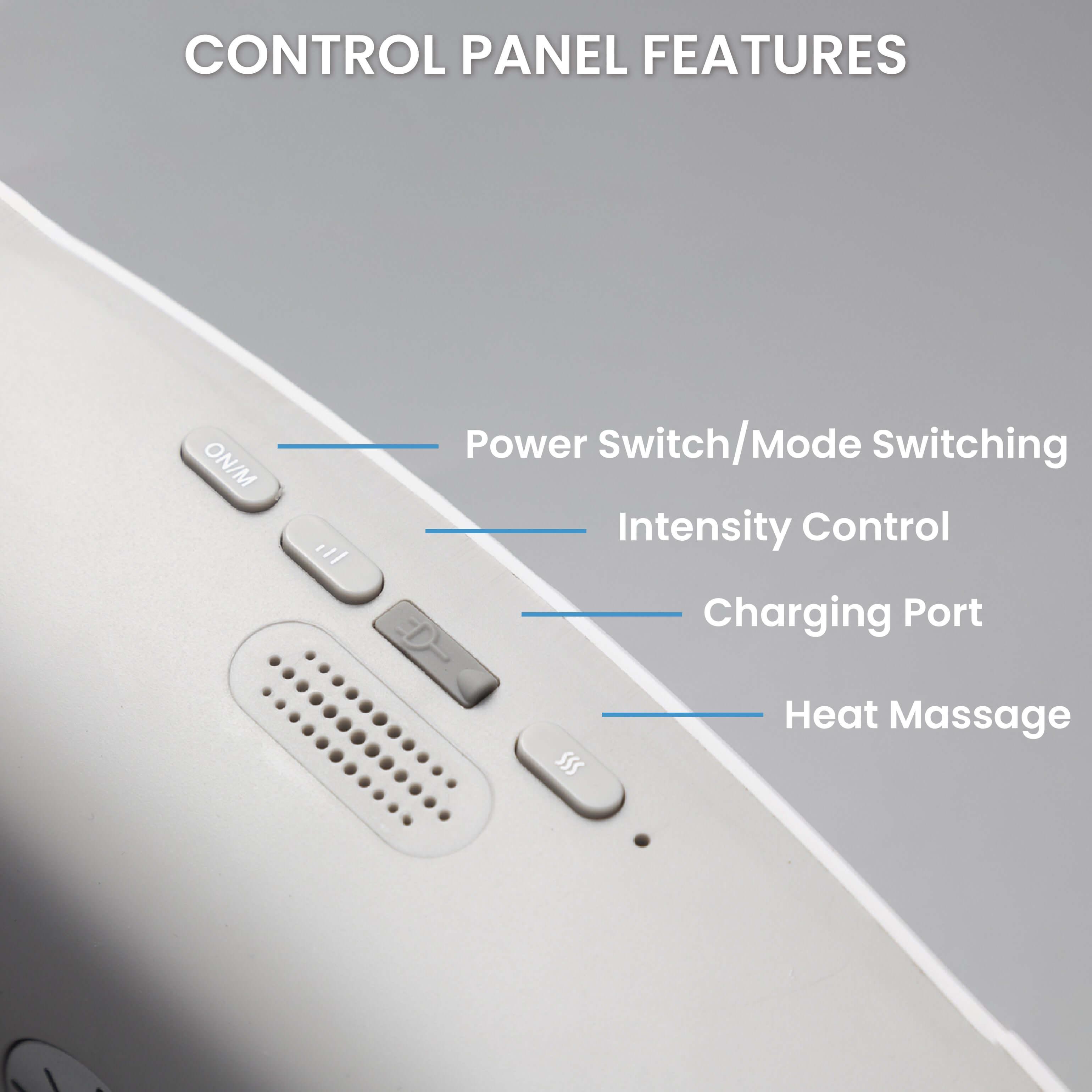 Neck & Shoulder Massager control panel showing power switch, mode switching, intensity control, charging port, and heat massage features