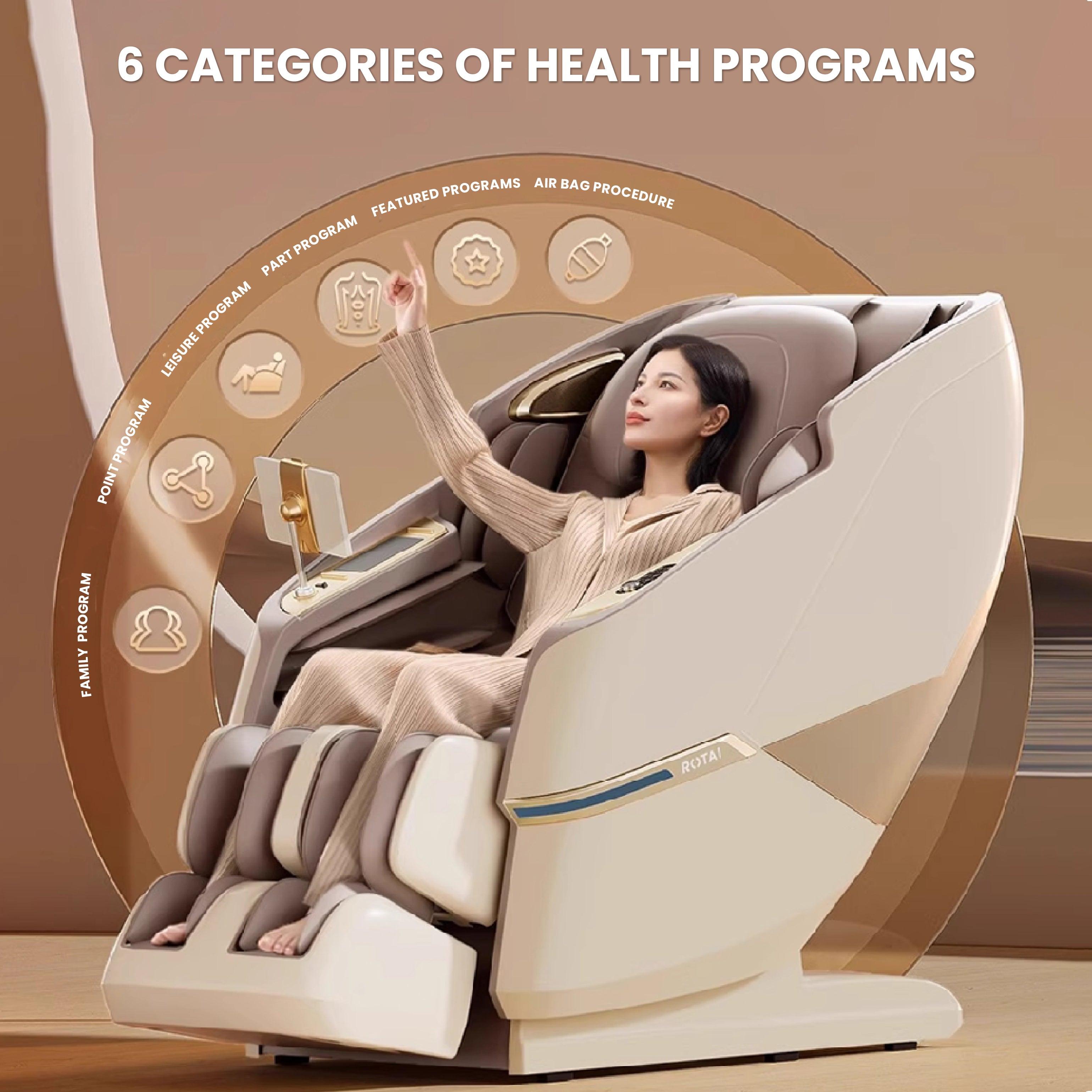 Woman enjoying a relaxing session in the Royal Magestic Pro Massage Chair with 6 health program categories displayed, best massage chair UAE.