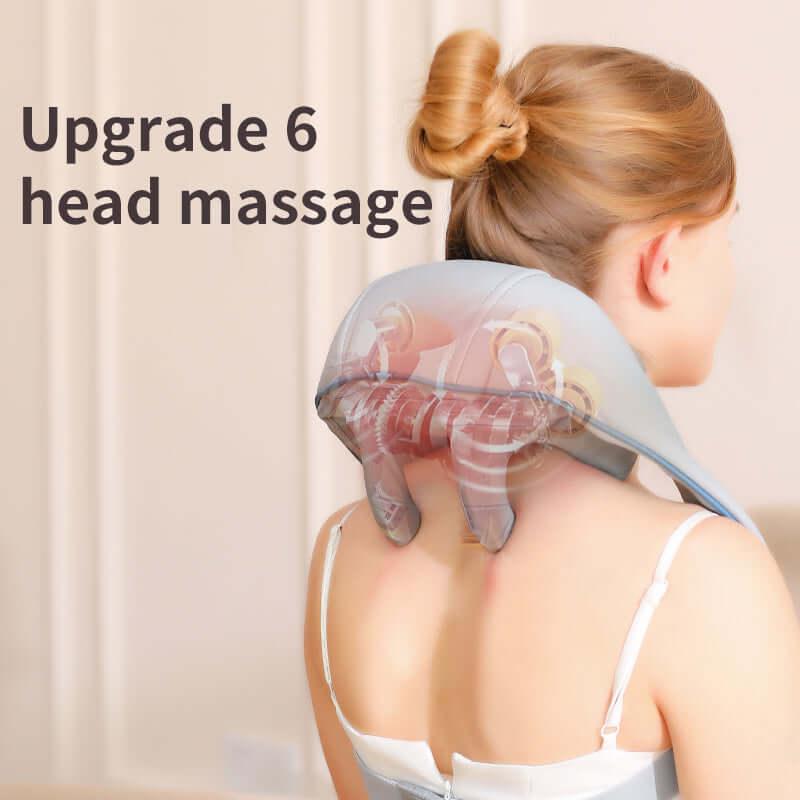 Woman using trapezius massager for neck and shoulder with 6 head massage feature, perfect for relaxation and comfort.