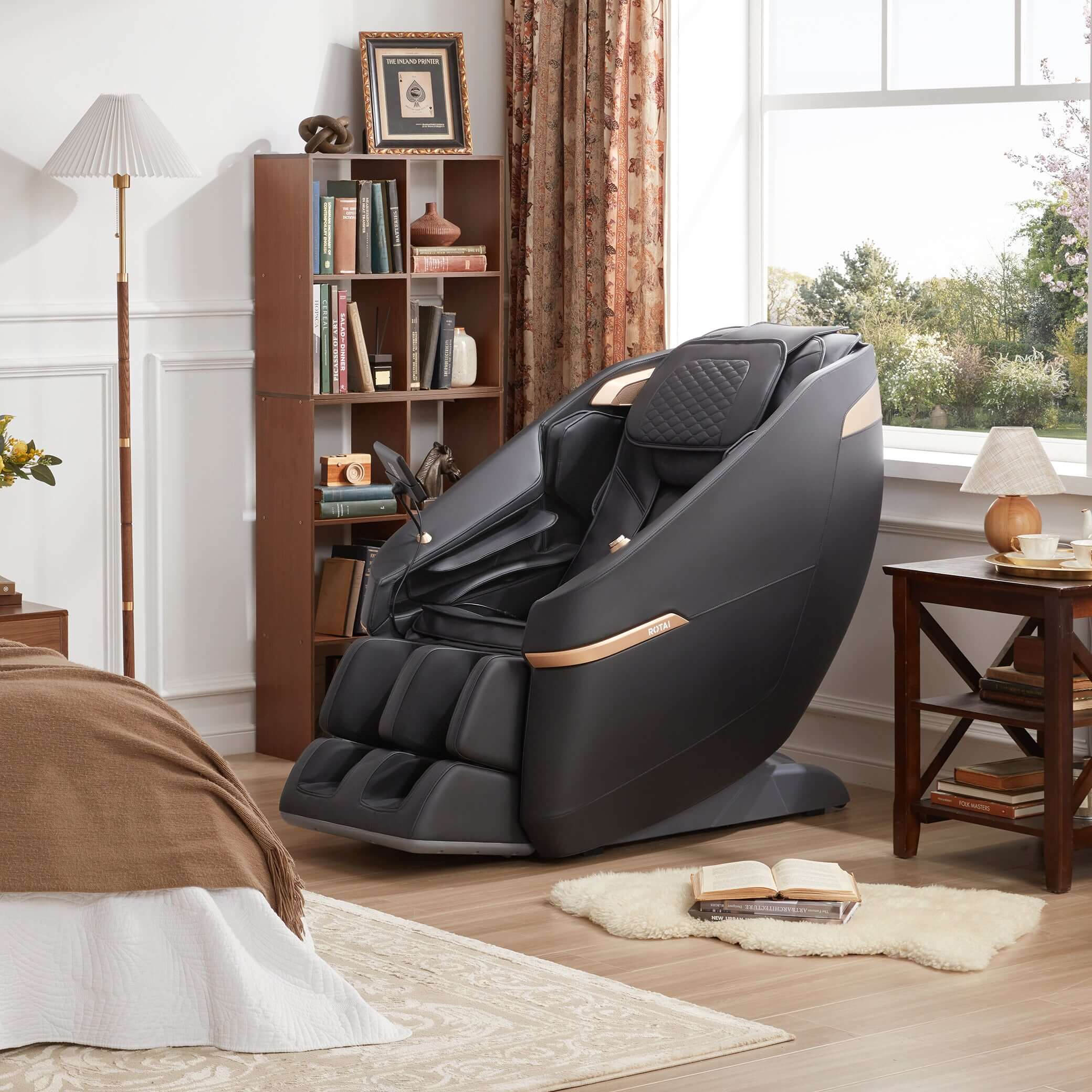 Black Ekanite 2 in 1 Massage Chair and Sofa in a cozy room, highlighting free home trial and 10-year warranty, best in UAE.