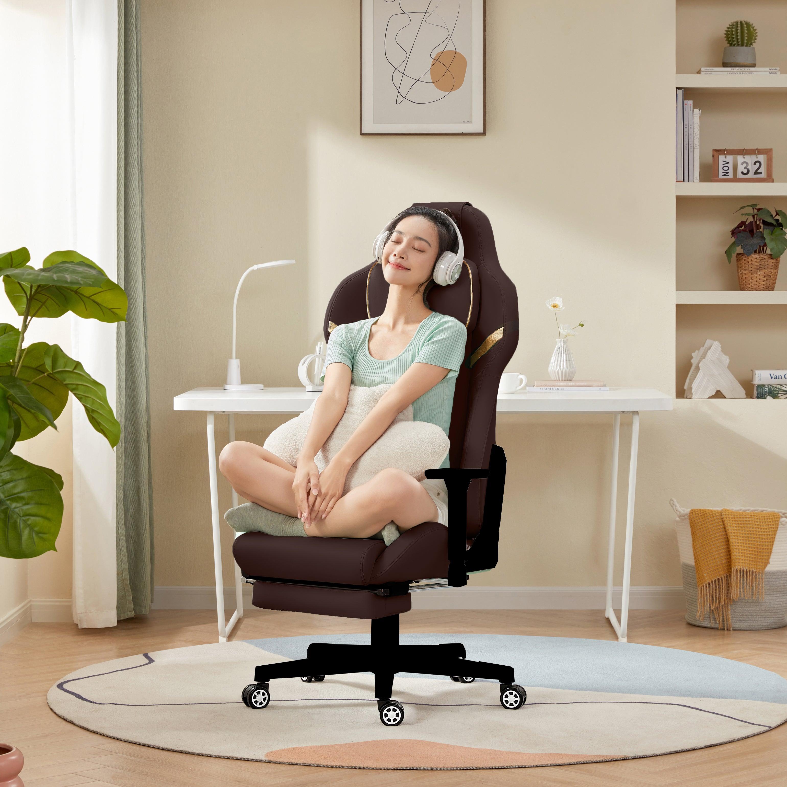 Woman relaxing on a brown office massage chair in a cozy home office setting with plants and decor.
