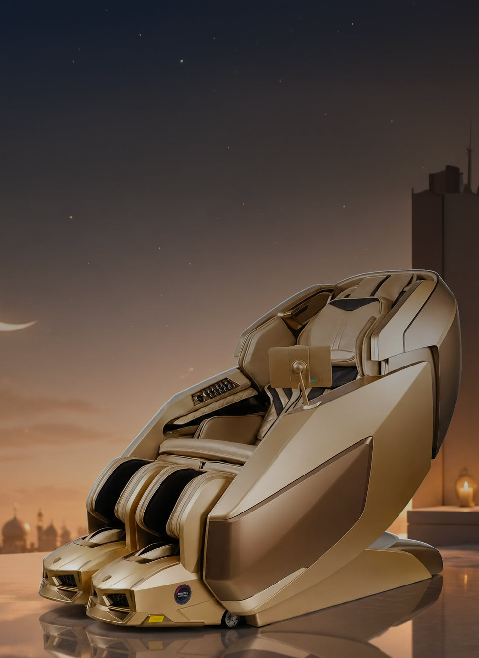 Beige massage chair on a rooftop with cityscape and night sky in the background