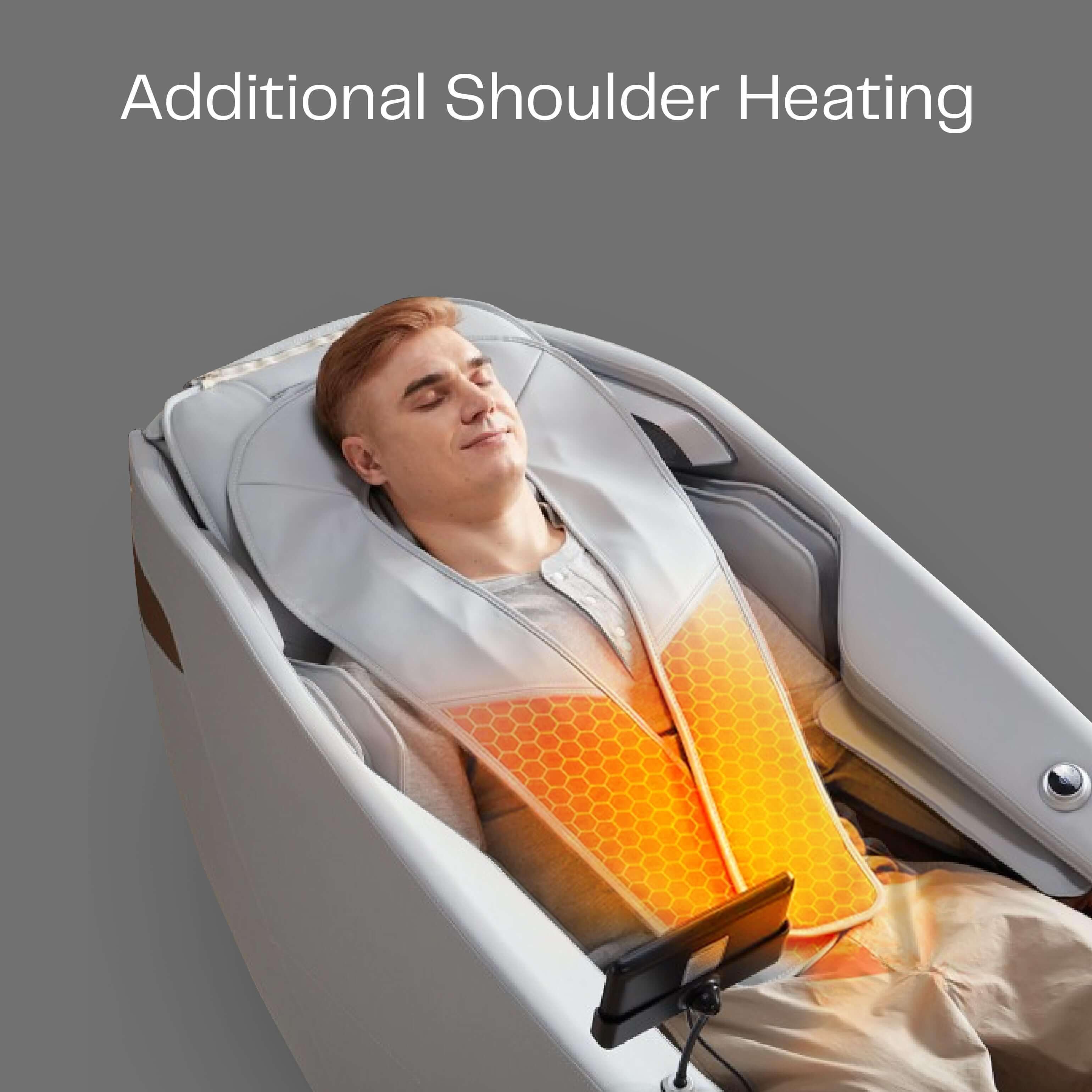 Man enjoying additional shoulder heating feature on Ekanite Massage Chair with tablet control, best massage chair in UAE, كرسي مساج كهربائي, best massage chair uae, massage chair Dubai, massage chair uae, massage chair Saudi Arabia, كرسي التدليك, Best mas