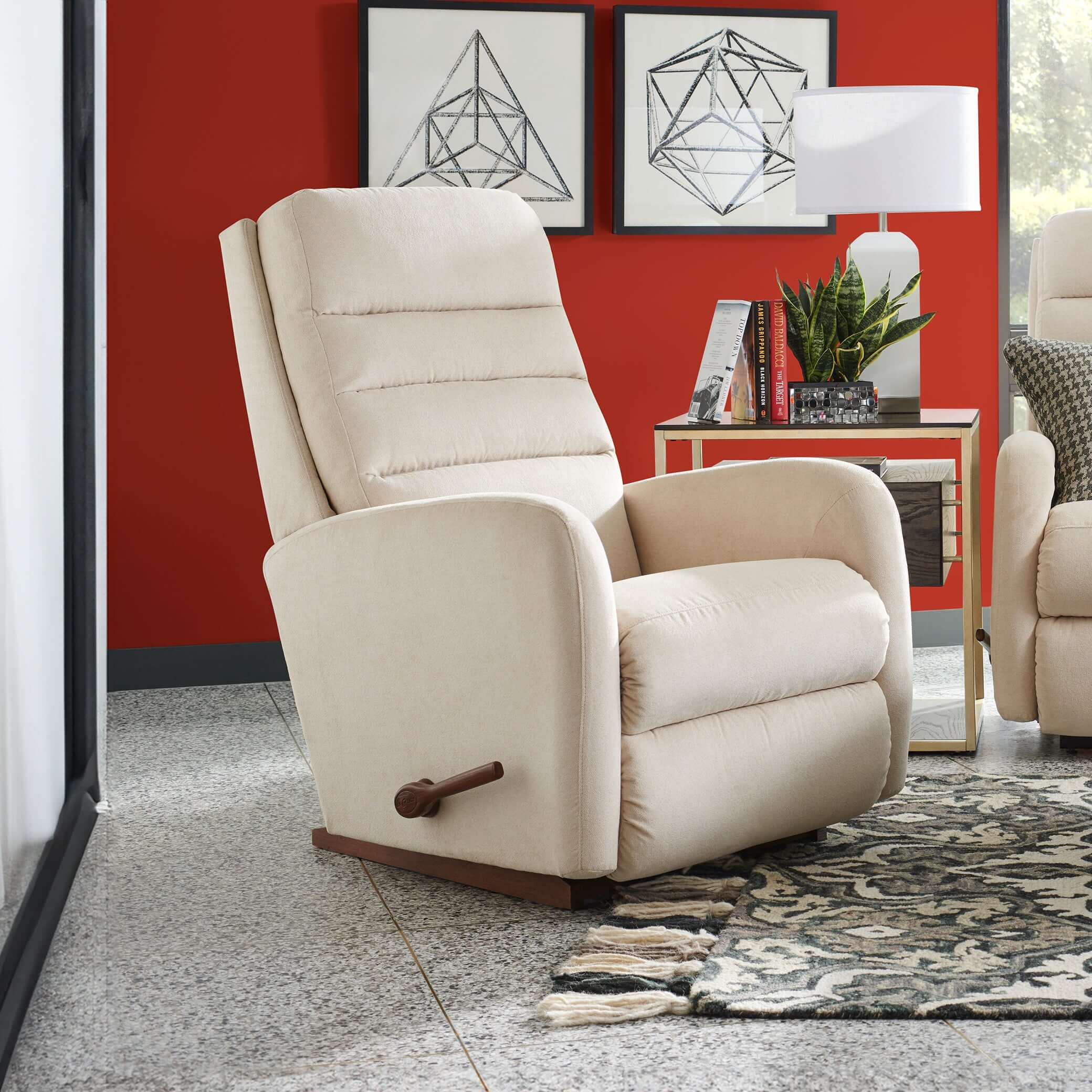 La-Z-Boy Forum Manual Rocker Recliner in a contemporary living room setting with decorative stitching. Shop Lazy Boy Recliners in Dubai, UAE. Best Recliners in UAE, Buy recliners UAE, fast delivery, Buy Lazy Recliner Chair, Lazy Boy Recliner, Buy Recliner