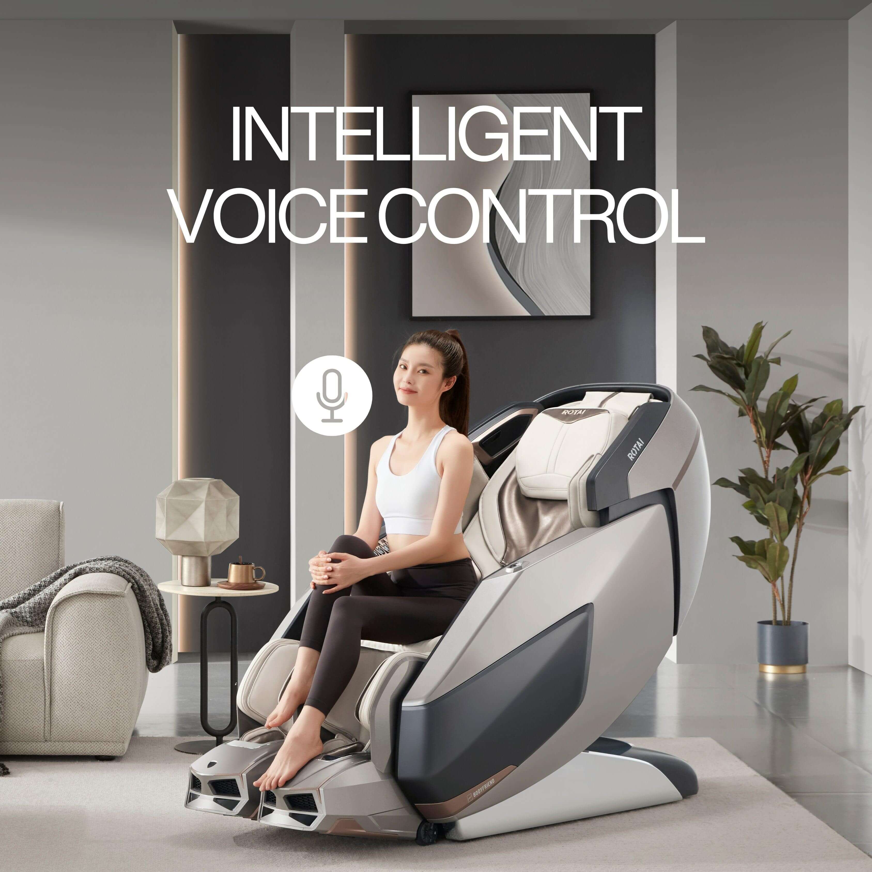 Woman enjoying AI Robotic Massage Chair (Glacier Silver) with intelligent voice control in a modern living room. best massage chair uae, massage chair Dubai, massage chair uae, massage chair Saudi Arabia, كرسي التدليك, Best massage chair in Dubai UAE, Bes