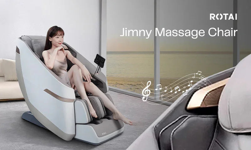 Woman relaxing in a Rotai Jimny massage chair in a modern room with ocean view, Dubai UAE
