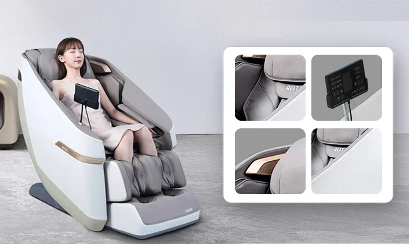 Rotai Health full body massage chair in grey with woman seated, control panel, and close-up features