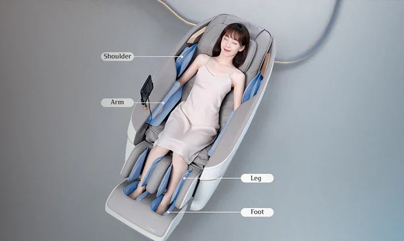 Woman relaxing in a grey full body massage chair with labeled arm, leg, foot, and shoulder areas