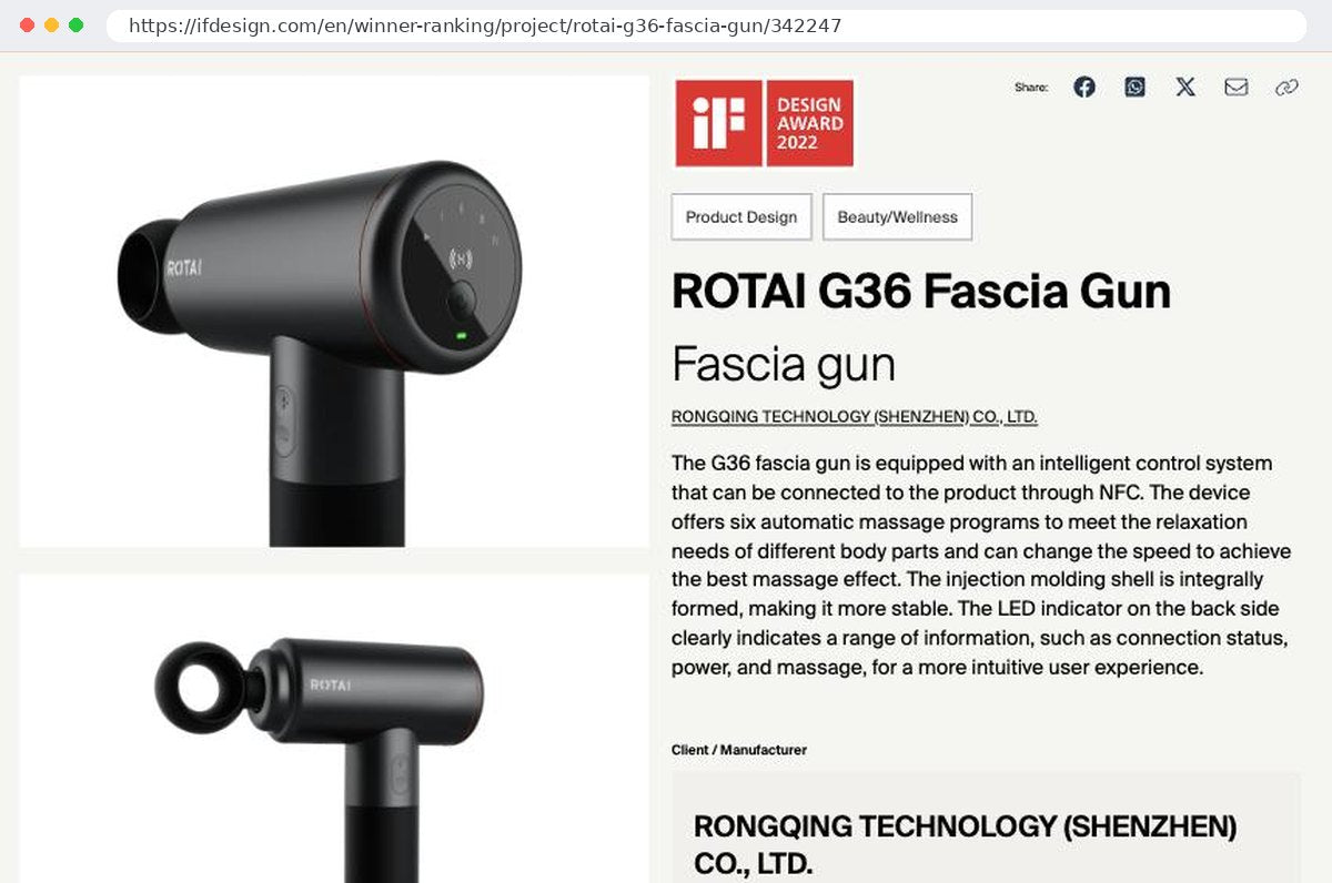 iF Design Award 2022 — الصفحة الرسمية للفائز: مسدس التدليك العضلي ROTAI G36
