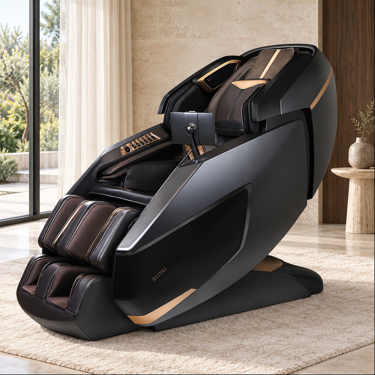 A modern black and dark brown automatic massage chair with gold accents, positioned on a beige rug in a contemporary living room setting.